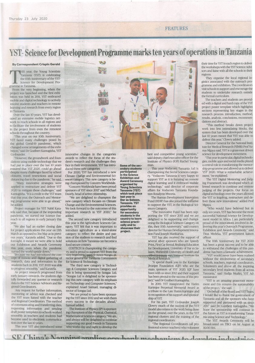 ystanzania's tweet photo. Great coverage in @TheGuardiantz #YST10thAnniversary
@ToyotaTanzania @PhysicsNews @VodacomTanzania @HDIFtz @costechTANZANIA @Concern #Songas @crispintz https://t.co/axTB1hERTG