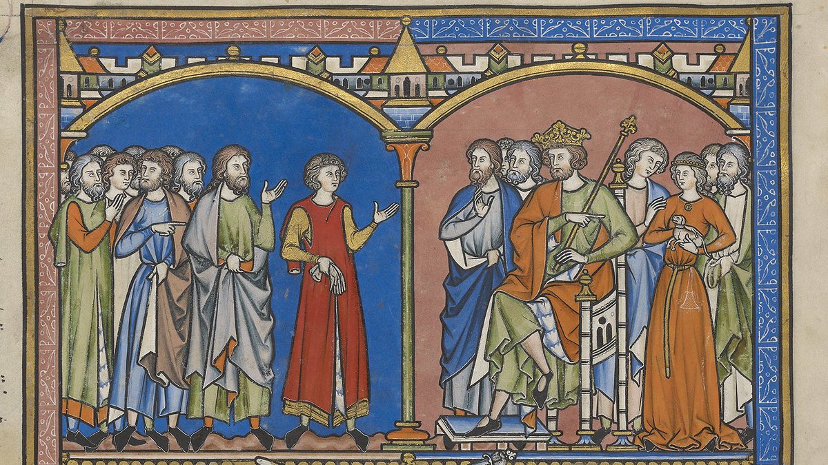 I'm fascinated by what Bible stories medieval artists DON'T depict. Like the Philistines crafting golden hemorrhoids to appease God or David bringing Saul 200 Philistine foreskins as Saul asked, in order to marry Saul's daughter. (Morgan, M.638, f. 29v)  #MedievalTwitter 1/7