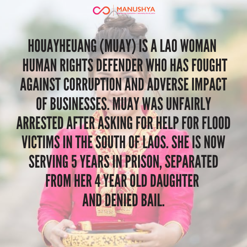ManushyaFdn's tweet photo. #LAOSπ±π¦ #HumanoftheWeek :Houayheuang Xayabouly (Muay), a Lao #WHRD, who was unfairly jailed for fighting against corruption & adverse impact of businesses. @ManushyaFdn stands w/ Muay & will continue to support her & her family! Follow #FREEMUAY campaign: https://t.co/0hAiOJA7U9 https://t.co/UaXAjJOlFh