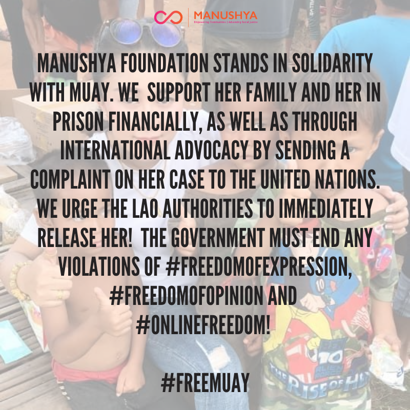 ManushyaFdn's tweet photo. #LAOSπ±π¦ #HumanoftheWeek :Houayheuang Xayabouly (Muay), a Lao #WHRD, who was unfairly jailed for fighting against corruption & adverse impact of businesses. @ManushyaFdn stands w/ Muay & will continue to support her & her family! Follow #FREEMUAY campaign: https://t.co/0hAiOJA7U9 https://t.co/UaXAjJOlFh