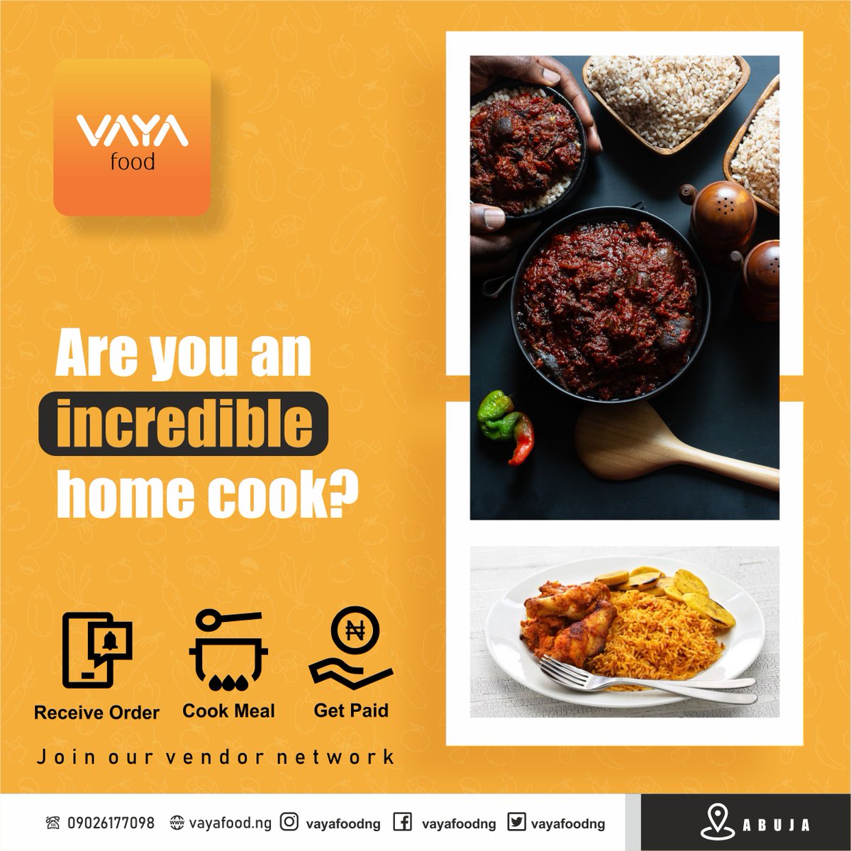 vayafoodng's tweet photo. You know those cooking skills your mama taught you?
.....
Come and make money from it ...and from the comfort of your home!
Join https://t.co/efMooNWMAd, the platform that helps make that happen, today.
Visit our site to sign up.
#homecooking #homechefmeal #homecookingrocks https://t.co/qfhoP7a4hP