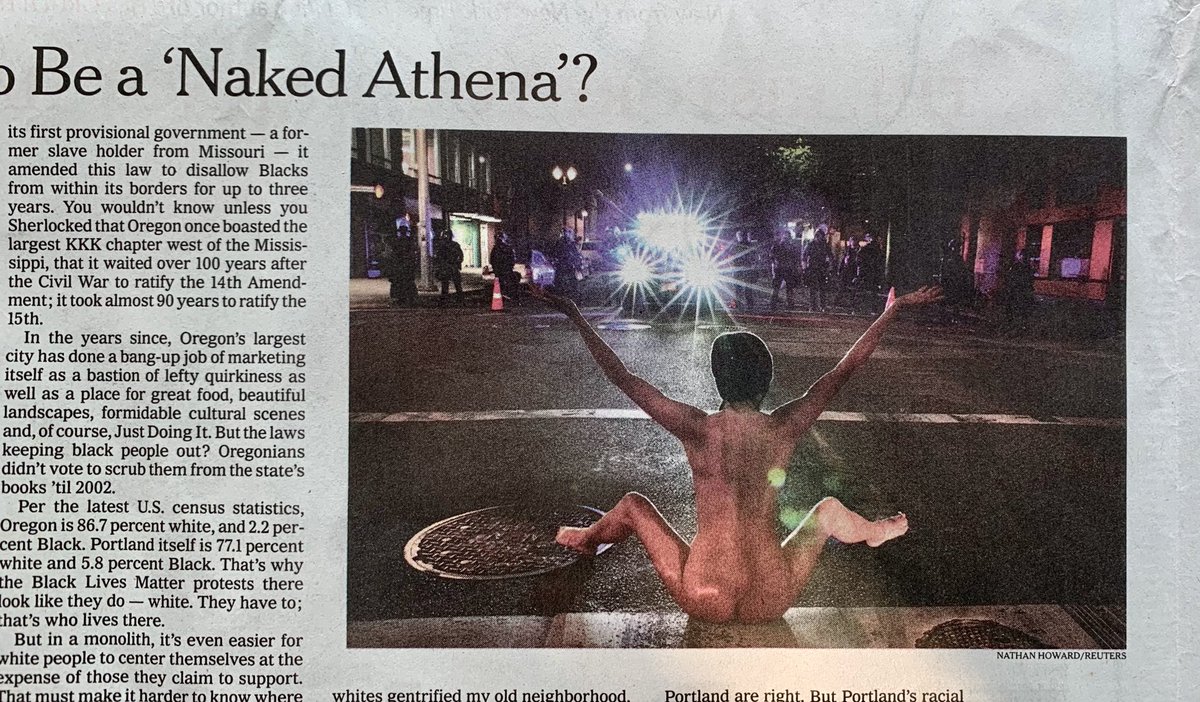 carol_weston's tweet photo. “An iconic moment came when a woman known as Naked Athena confronted the troops while wearing only a hat and face mask,” writes @NickKristof.
Trump’s thugs are doing far more harm than good. #Portland
#PortlandStrong #PortlandAthena https://t.co/UGxfhvnfo8