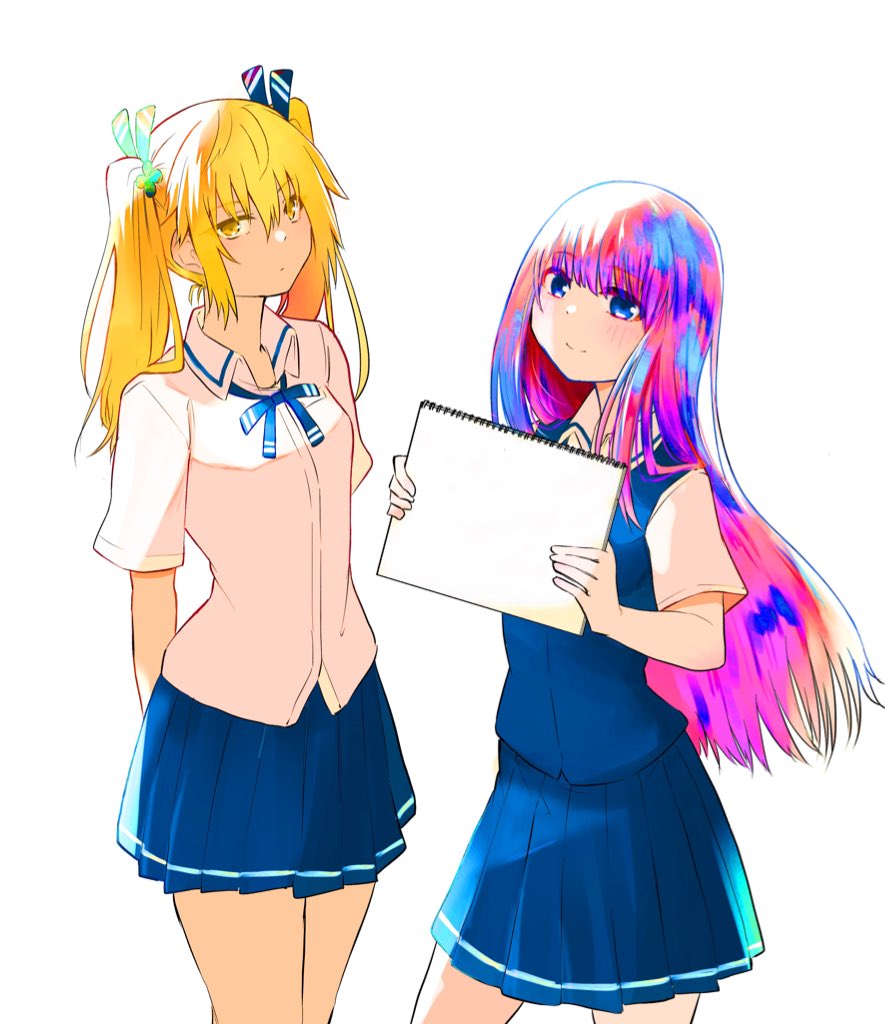 multiple girls 2girls blonde hair skirt twintails school uniform long hair  illustration images