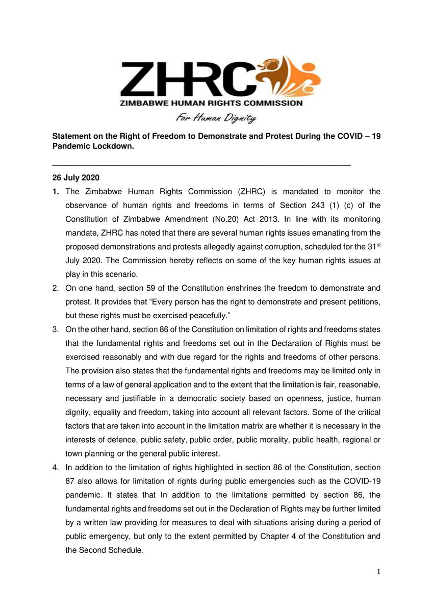 zhrc365's tweet photo. Statement on the Right of Freedom to Demonstrate and Protest During the COVID-19 Pandemic Lockdown @MoHCCZim @MinOfInfoZW @ParliamentZim @UNDPZimbabwe @euinzim @AbelChikomo @ZLHRLawyers @ZctuZimbabwe @HeraldZimbabwe @NewsDayZimbabwe @DailyNewsZim @veritaszim @kubatana https://t.co/ykF4coIfU6