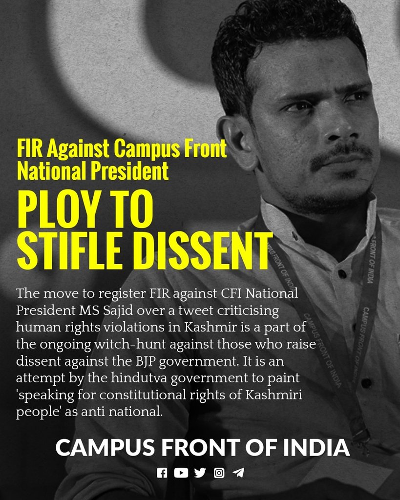 afsarkodlipet's tweet photo. If this tweet has provoked the government, it has spoken a reality that RSS goons shudder when they hear. In solidarity with @SajidbinSayed
@CFIKerala
@CFI_TN
@CampusFrontInd
#standwithsajid
#RevokeCaseAgainstMS https://t.co/A68WPljybX