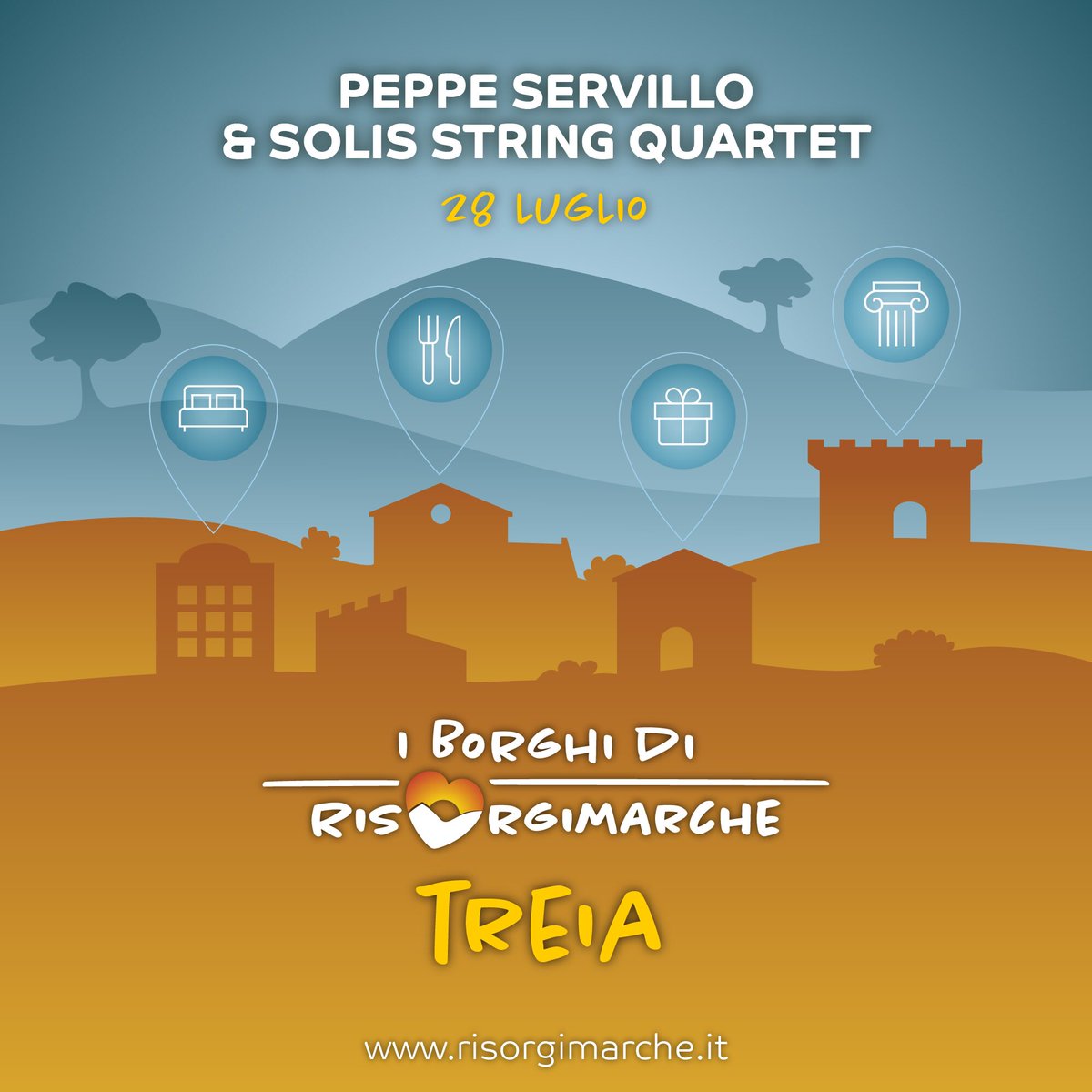 risorgimarche's tweet photo. 🔵 I BORGHI DI #RISORGIMARCHE 🔵
Martedì 28 saremo a #Treia per il concerto di #PeppeServillo & #SolisStringQuartet.
Rinnoviamo l'invito ad organizzarvi, curiosando nel link che trovate in basso e su https://t.co/sxSMjlEkW2.
👇SCARICA LE INFORMAZIONI
https://t.co/1tyrTk1Hsd https://t.co/Jgqzj9vgpt