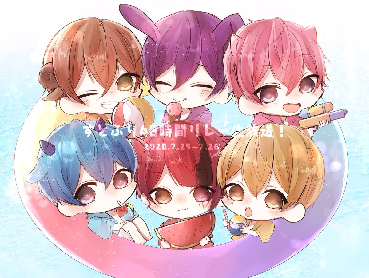 multiple boys red hair male focus blue hair 6+boys horns food  illustration images