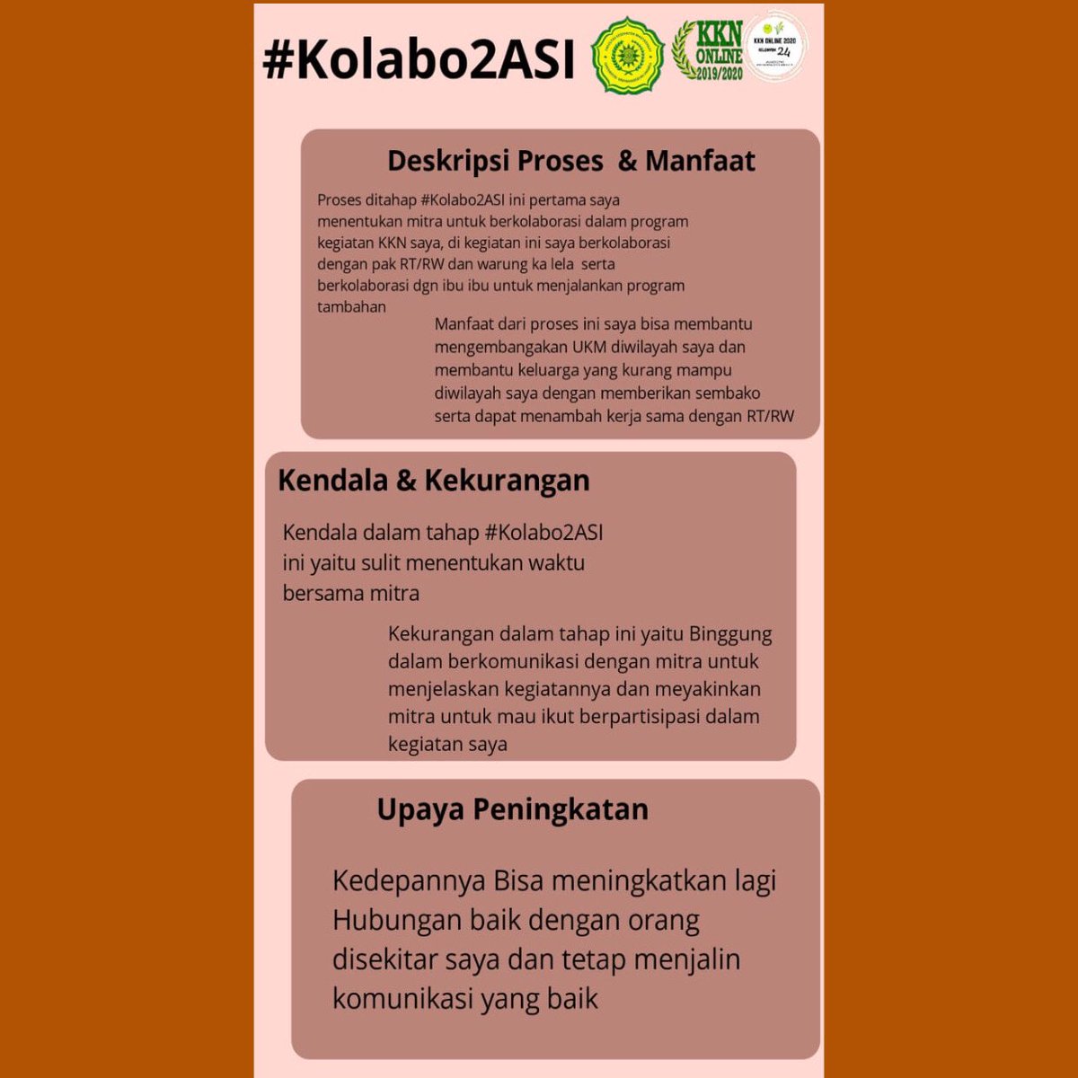 KUmj24's tweet photo. Selanjutnya adalah tahap #ev4lu4SI yaitu tahap ke-4 dari 5-ASI ini. Tahap #ev4lu4SI ini merupakan tahapan untuk nilai tahapan ide, kolaborasi, dan realisasi. 
#kknumj #kknonlineumj2020 #lppmumj https://t.co/4ZyPG5dwVh