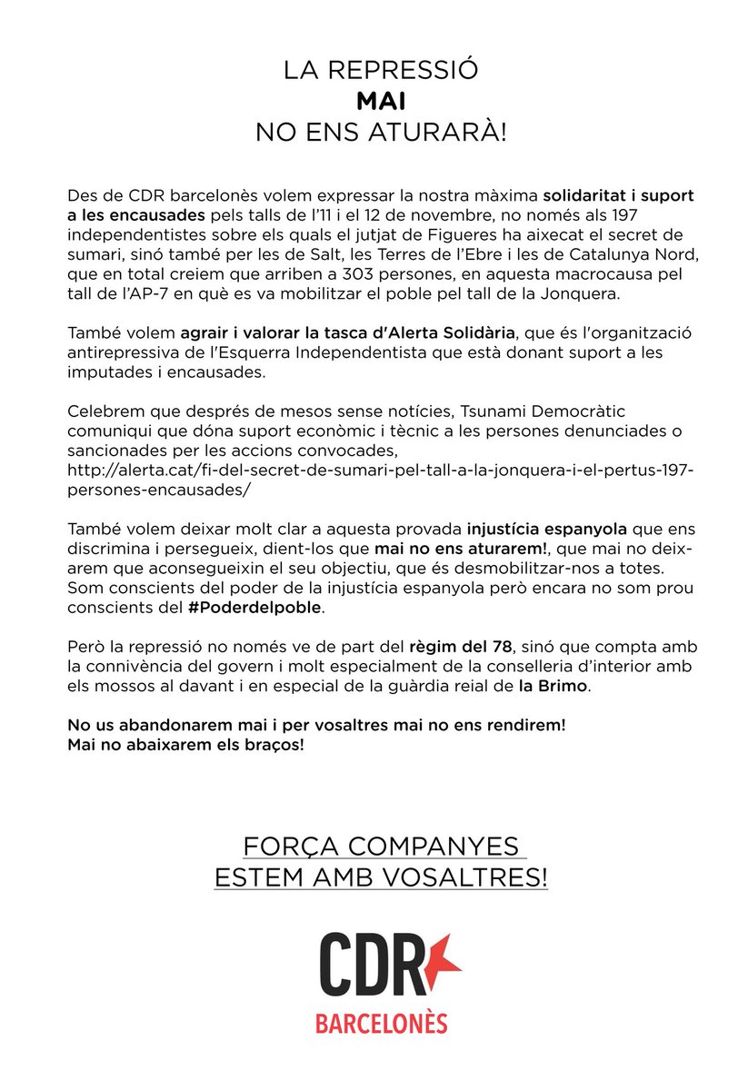 CDRLesCorts's tweet photo. El règim del 78 ens vol a casa, callats i sotmesos, utilitza tots els mitjans per intentar-ho, però el #Poderdelpoble ho impedirà.
Companyes encausades estem amb vosaltres. https://t.co/RGOLScnFpg