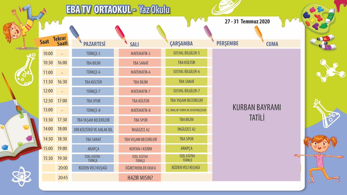 BesiktasMEM's tweet photo. 📺TRT EBA TV

☀️Yaz Okulu’nda Bu Hafta

İşte, yeni haftanın programı 📝🤸🏾🧑🏻‍🔬

İyi dersler herkese! 🤚🏻

🗓27-31 Temmuz 2020

@tcmeb https://t.co/EdkTr3Kk4L