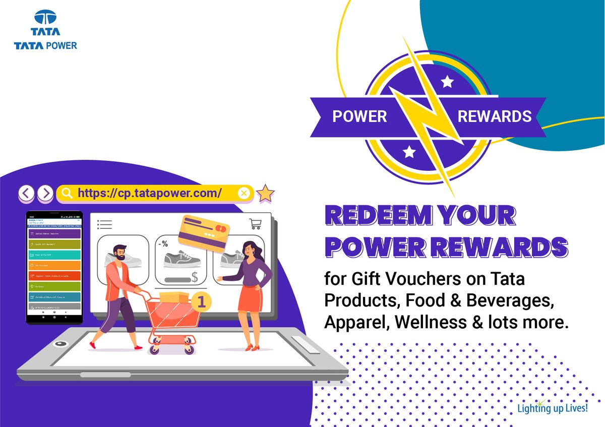 TataPower's tweet photo. Gear up for #PowerRewards for our Mumbai consumers! Exciting gift vouchers on Tata products, food &amp; beverages, apparel, wellness and lots more. Redeem today! #ThisIsTataPower #GoDigi #DigitalPayment https://t.co/EdTqdJZehi