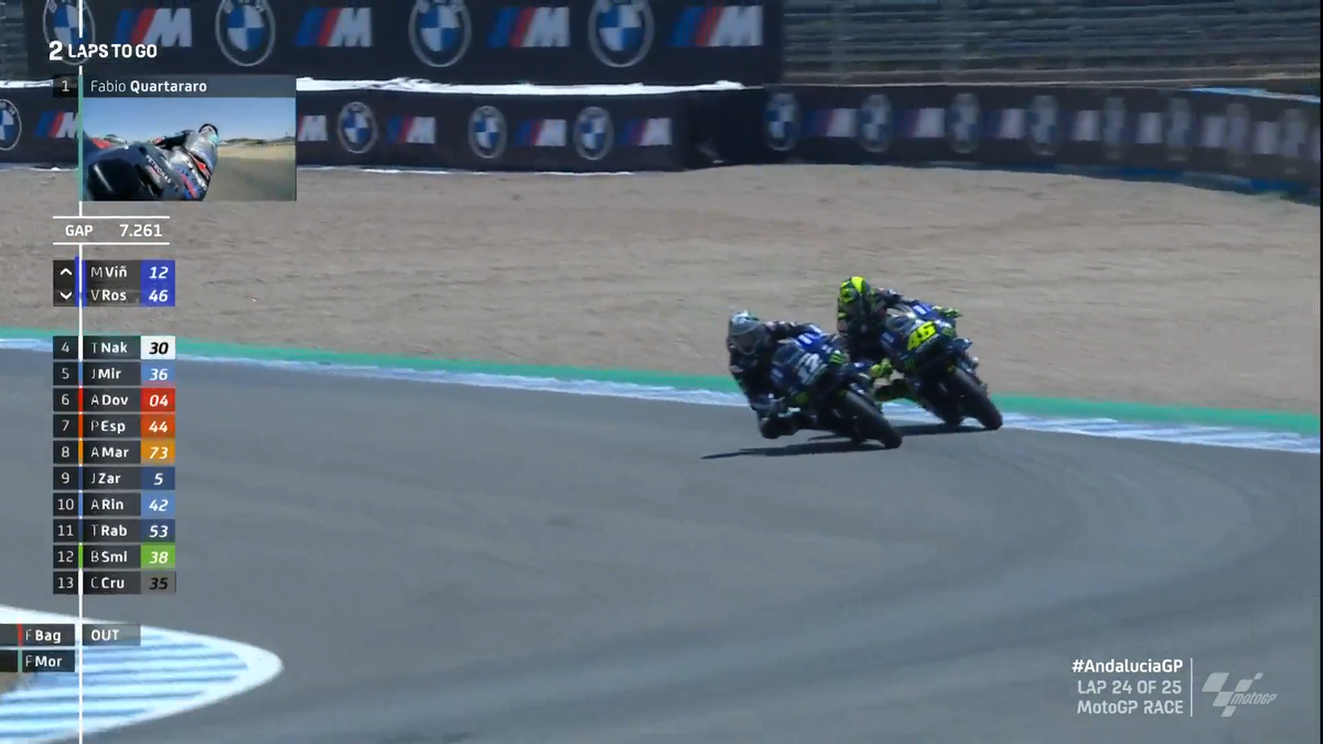 MotoGP's tweet photo. 🚨 FINAL LAP!!! 🚨

@mvkoficial12 has finally overtaken @ValeYellow46 for P2! 🔄

#AndaluciaGP 🏁 https://t.co/kymN4JvSB1