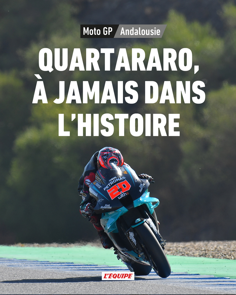 lequipe's tweet photo. Fabio Quartararo remporte le Grand-Prix d'Andalousie et entre dans l'histoire en devenant le premier Français à remporter deux courses en Moto GP : https://t.co/mrCBqNlkvr 

#AndaluciaGP https://t.co/PaJEzB8FLo