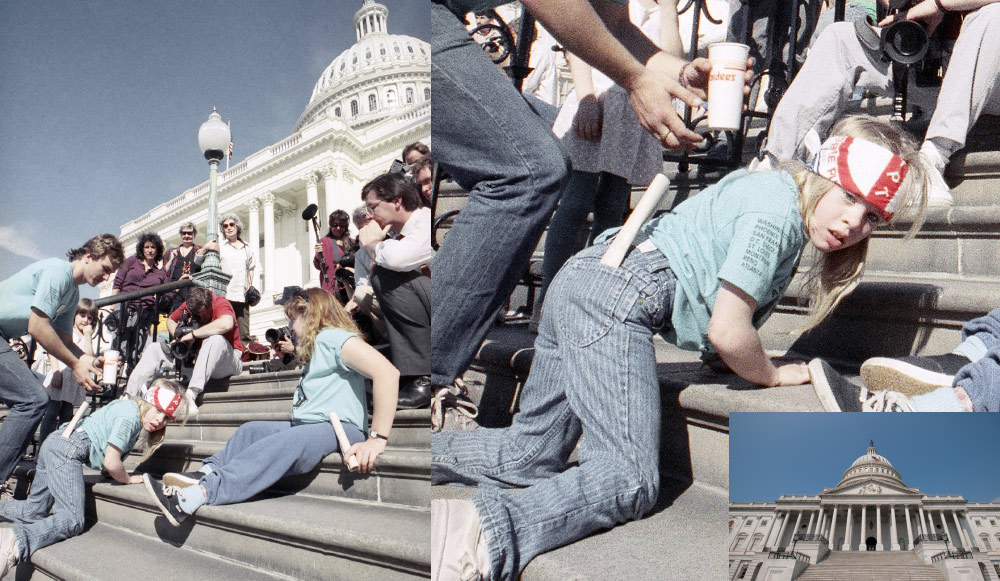 On March 12, 1990 disability rights activists left their wheelchairs and dragged themselves up Capitol Hill steps to demand the passage of the Americans with Disabilities Act.Jennifer Keelan, an 8 year old girl with cerebral palsy declared: "I'll take all night if I have to."