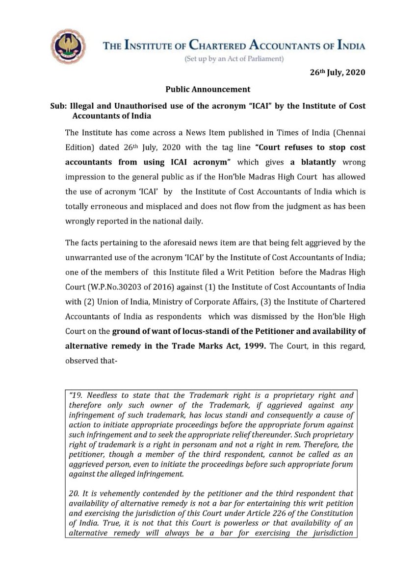 theicai's tweet photo. Illegal and Unauthorized use of the acronym "ICAI" by the Institute of Cost Accountants of India
For more details please visit
https://t.co/dg7tj6RdsY
@atulguptagst @JambusariaNihar https://t.co/7k7CF5Pp3E