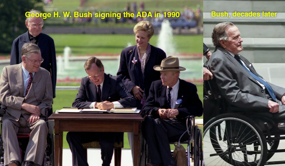 On July 26 1990, the Americans with Disabilities Act became law. It had support from both parties: just 29 Republicans & 5 Democrats opposed it.Probably the most important law of the George H.W. Bush presidency. Later, Bush himself benefited when he used a wheelchair.  #ADA30