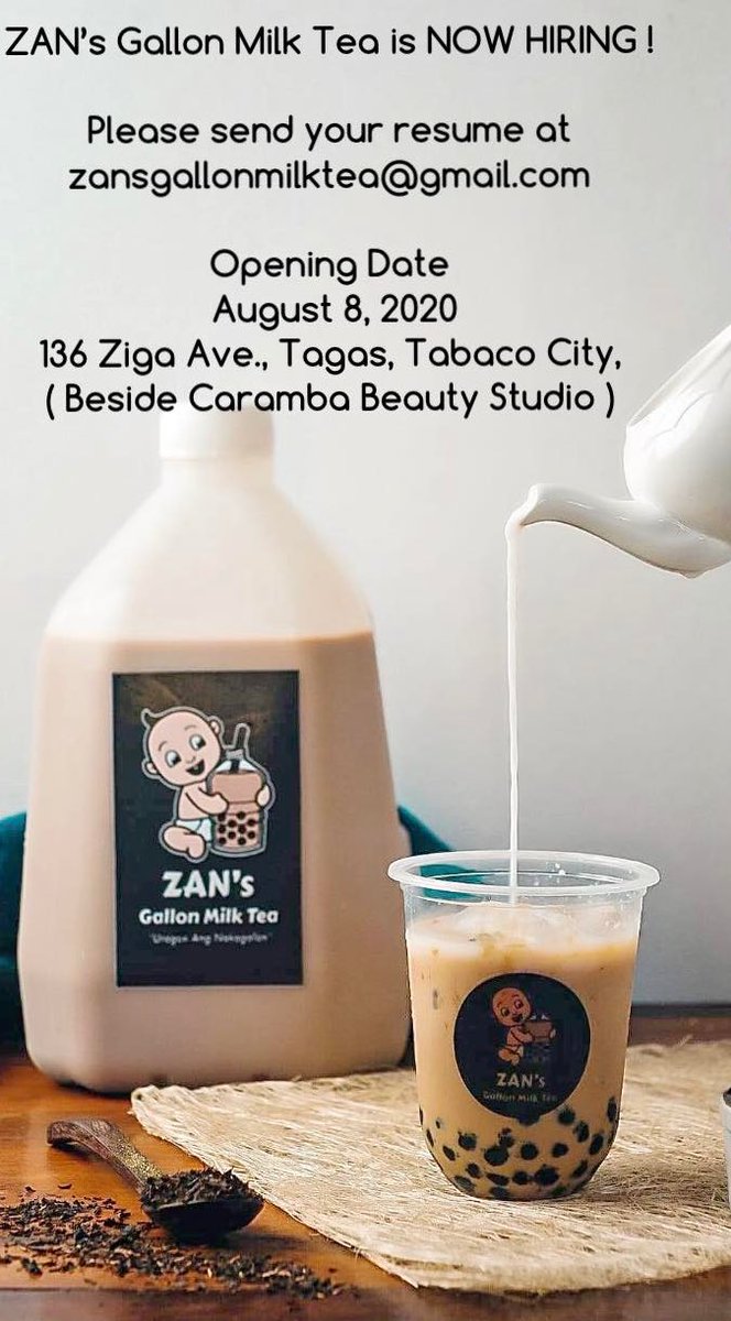Mucharata's tweet photo. We are NOW HIRING ! #ZanGallonMilkTea #milktea #gallonmilktea #gallontea #milkteph #milkteaphilippines https://t.co/TMcWgYNjJe