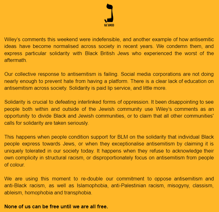 Na Amod British Jews Against Occupation Our Response To Wiley S Comments This Weekend None Of Us Can Be Free Until We Are All Free
