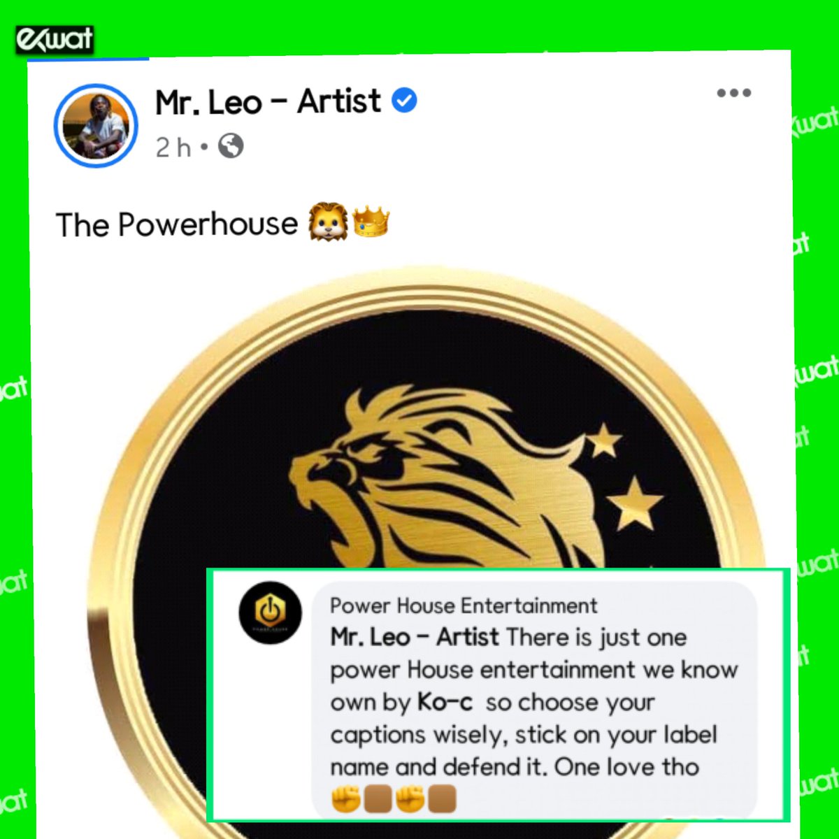 EkwatTV's tweet photo. Ko-c's record label Power House Entertainment calls out Mr Leo for using "Powerhouse" as his caption 😓😓.
#cameroon #music #powerhouseent #lionnprod https://t.co/H5qQSN9gyM