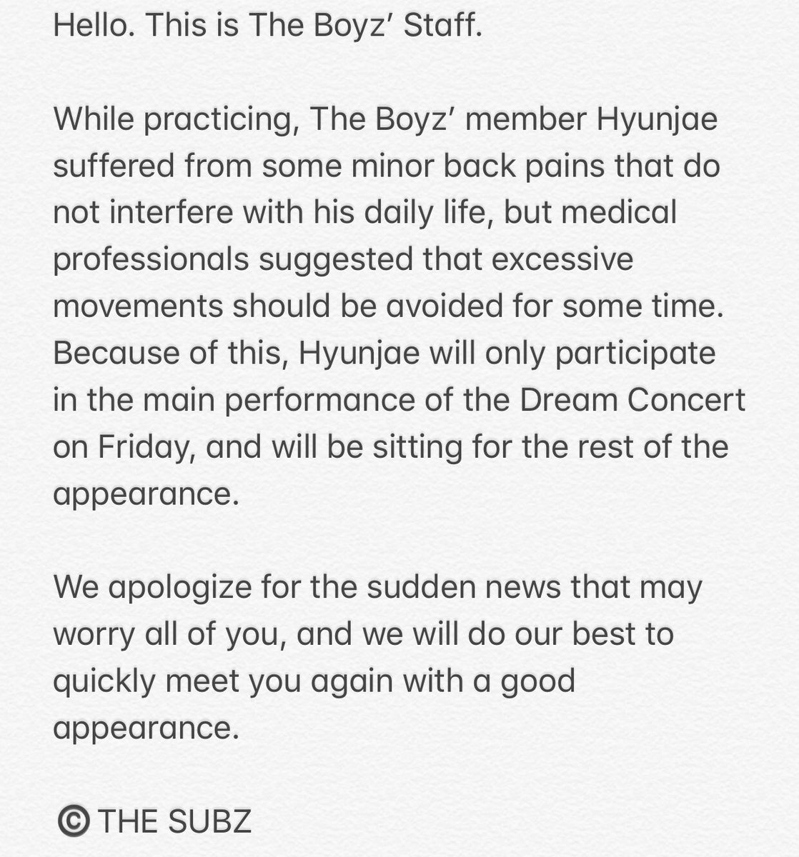 thesubzz's tweet photo. English Translation of Creker’s Notice About Hyunjae 

#더보이즈 #현재 #TheBoyz #Hyunjae #드림콘서트 https://t.co/cqltVbrhfK