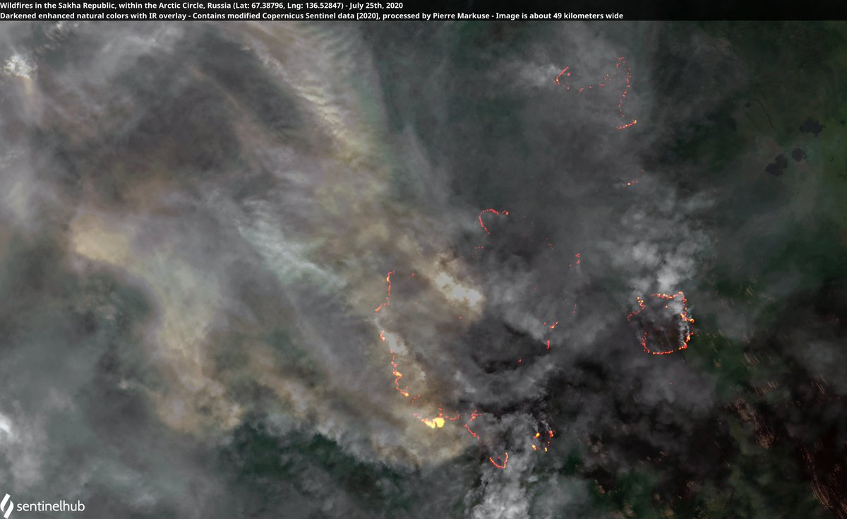 🟠 Peeking through clouds and smoke, one of the countless #wildfires🔥 within the #ArcticCircle, #Siberia, #Russia🇷🇺 25 July 2020 #Copernicus #Sentinel-2🛰️ Full-size ➡️ flic.kr/p/2jpG6zK + flic.kr/p/2jpG6MU (IR) #RemoteSensing #scicomm #OpenData Image is 49 km wide!