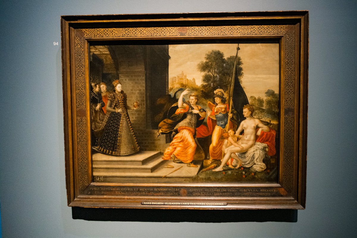 The Judgement of Paris'Elizabeth I and the Three Goddesses'. Elizabeth I is shown in place of Paris, deciding to keep the apple for herself. Painting by Hans Eworth, 1569. Royal collection, photographed  @britishmuseum  #paintings  #art  #mythology  #classics  #historychannel