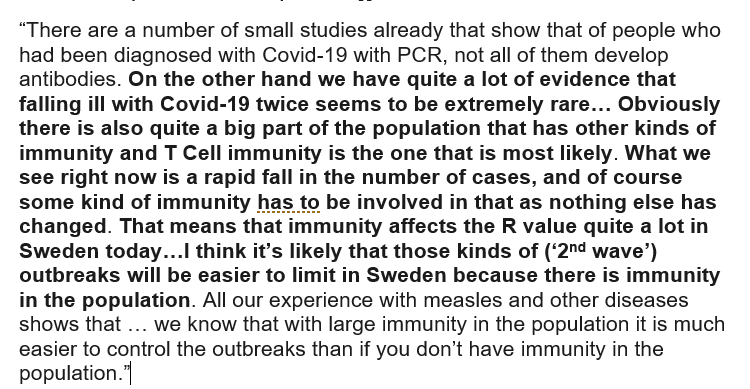 3/6 “On the controversial question of immunity, he suggests that a larger percentage of the population in Sweden is already immune than antibody studies suggest”