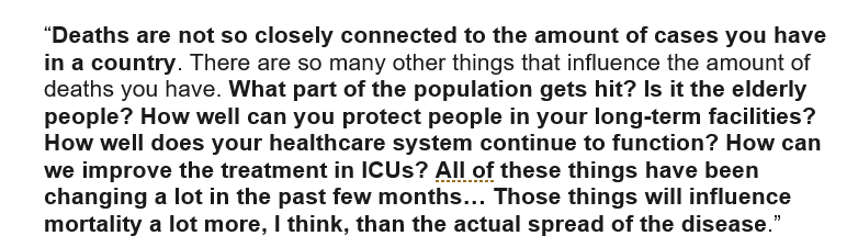 4/6 “The emphasis on spread of the virus to the exclusion of everything else Dr Tegnell believes is misguided, as the number of cases is less and less correlated to the number of deaths”