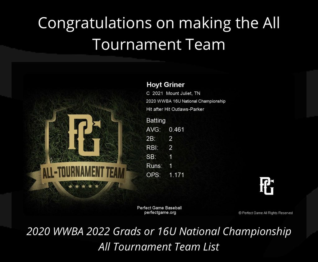 S/O to <a href="/MJbearsbaseball/">Mt. Juliet Baseball</a> 2021- <a href="/HoytGriner/">Hoyt Griner</a> on being selected for the PG WWBA All-Tourney team for hitting.