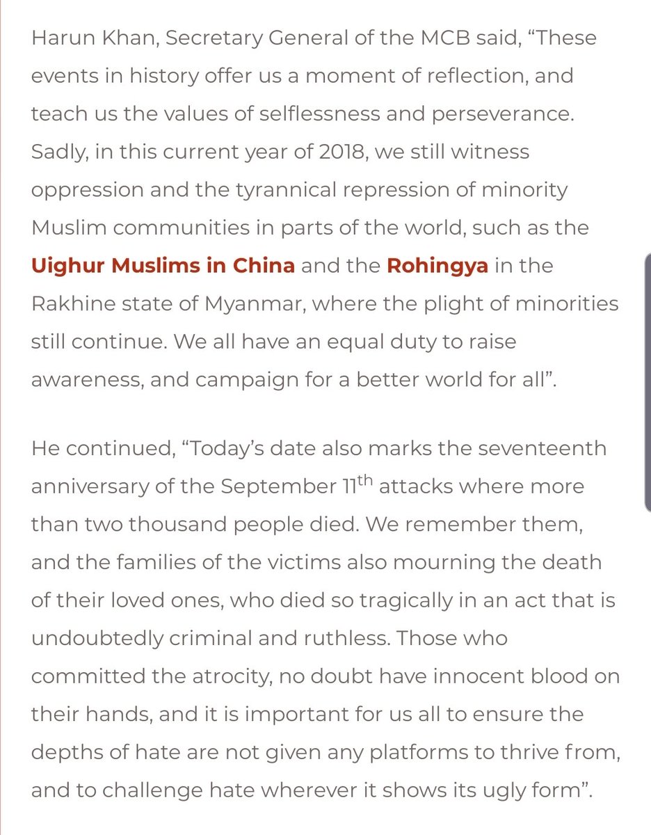 For those unaware of what  @MuslimCouncil said on Uighur Muslims:1. In 2018, we wrote to the Chinese Ambassador to discuss the atrocities against Uighur Muslims2. We also called out the "oppression" & "tyrannical repression" of Uighur Muslims (thread) https://mcb.org.uk/general/islamic-new-year-muharram-1440/
