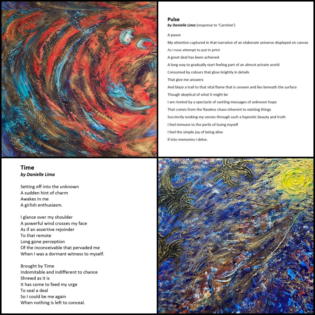 FurrahSyed's tweet photo. My collab with Screenwriter @DaniLima_DL; her poem 'Pulse' in response to my painting 'Carmine' was full of intense imagery! Dani's poem ‘Time’ made me vividly feel the highs and lows in my life! Click: https://t.co/PlV5eEfCII for info #artypoetry #art #writers #poetrycommunity https://t.co/GyBzFhznDX