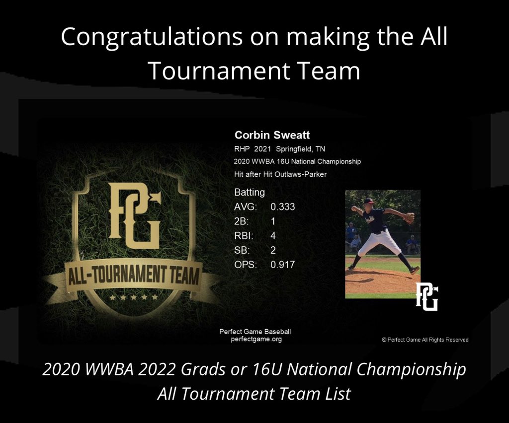 hahoutlaws17U's tweet photo. S/O to @JPII_Baseball 2021-@corbinsweatt11 on being selected for the PG WWBA All-Tourney team for hitting. https://t.co/EF7FXrEelQ