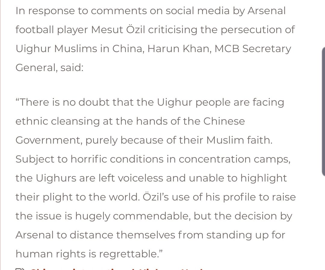 6. When Arsenal distanced themselves from  @MesutOzil1088 after he spoke out on the Uighur Muslims, we called out the "ethnic cleansing", commended him and called out Arsenal's actions https://mcb.org.uk/mcb-updates/response-to-comments-by-mesut-ozil-on-uighur-muslims/