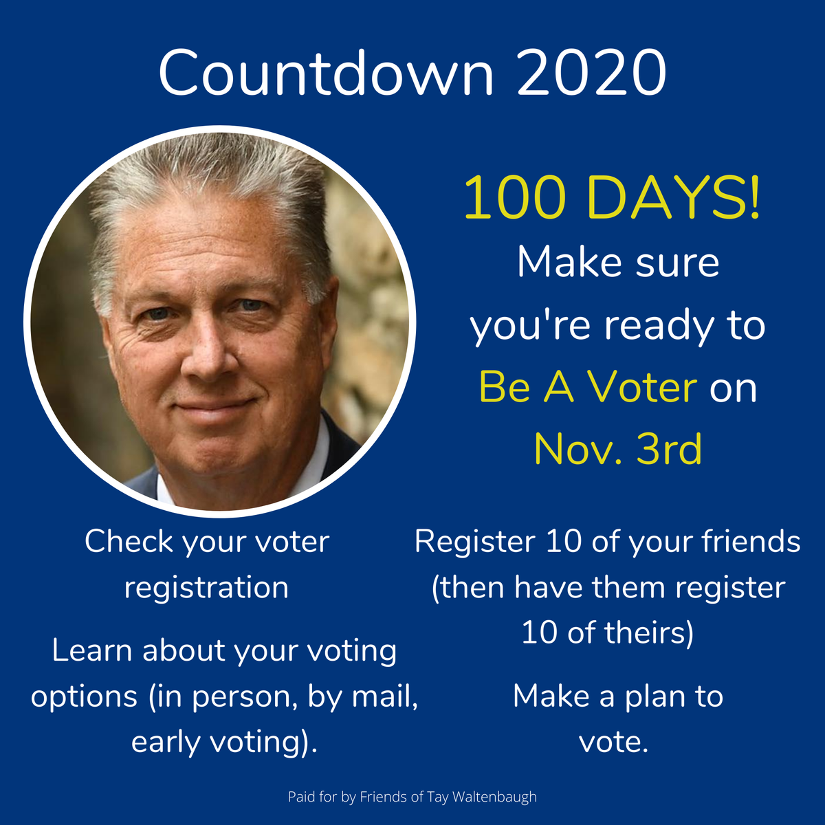2020Tay's tweet photo. 100 days! Ready to be a voter?
1. Check your voter registration?
2. Register 10 friends? ( get them to register 10 friends)
3. Learned about your voting options. ( on Election Day, Vote by Mail, Early Voting)
4. Make a plan
https://t.co/9NMGg2byuF for more information!
#vote2020 https://t.co/PLmydh8xKl