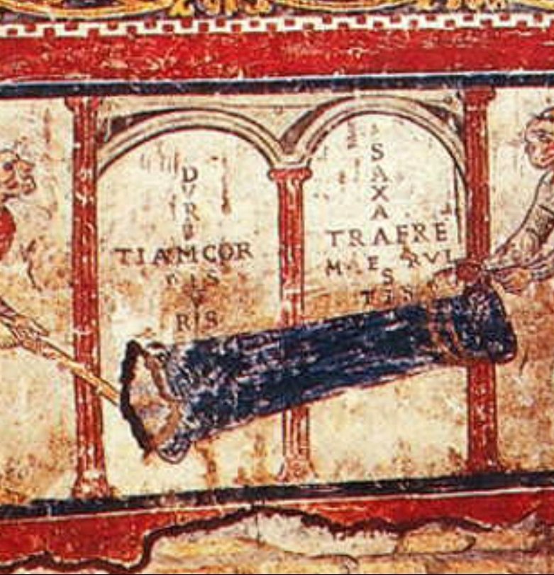 Yet what's most interesting for me is the speech of Clement, offstage."Duritiam cordis v[est]ris, saxa traere meruistis"([Because of] your heart's hardness, you have deserved to drag stones)In contrast to the others, the saint speaks Latin! (Pretty poor Latin admittedly) 6/7