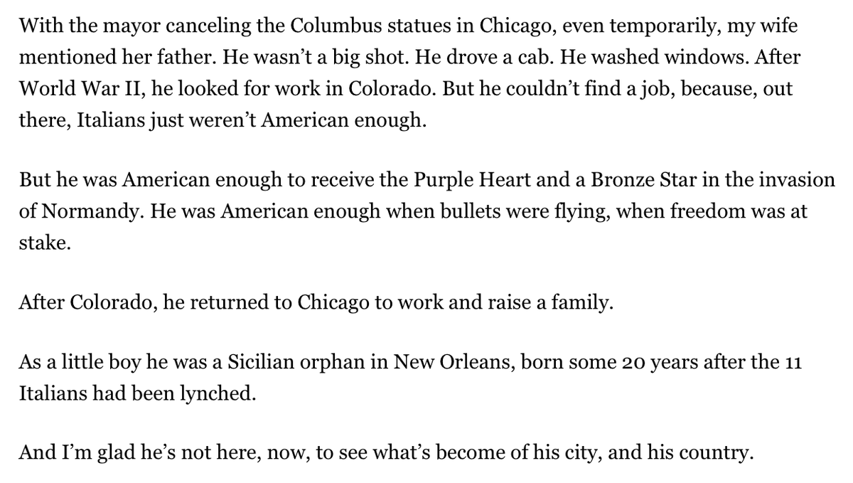 At the end of his column Kass discusses his father-in-law, "a Sicilian orphan in New Orleans, born some 20 years after the 11 Italians had been lynched," WWII vet & Chicago cab driver."I’m glad he’s not here, now, to see what’s become of his city, and his country," Kass writes.