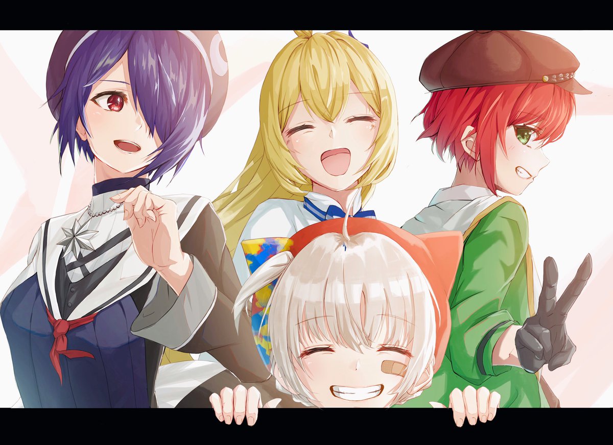 multiple girls hat smile blonde hair closed eyes v short hair  illustration images