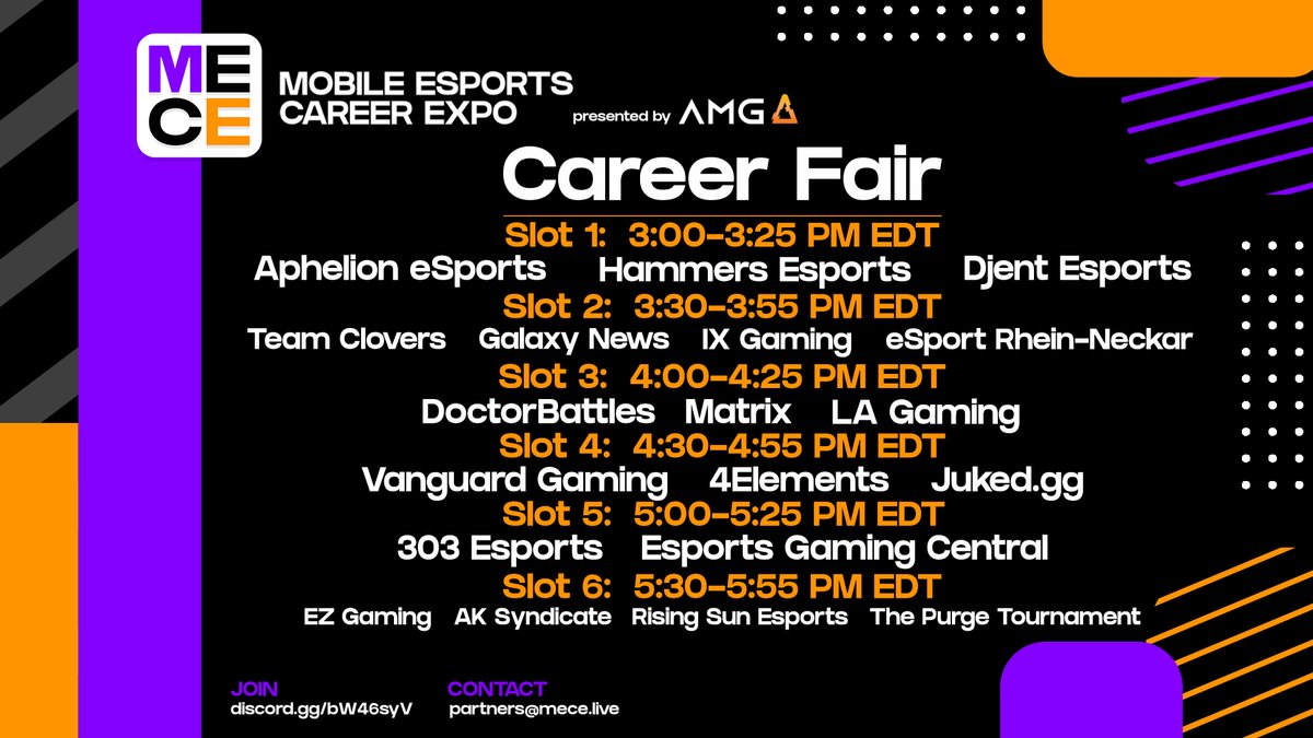 The panels are done, but that’s not all!

Are you searching for job opportunities in Mobile Esports? Are you looking to meet with established companies in the industry?

Come to the MECE Career Fair from 3pm-6pm EDT!

Join us on Discord: discord.gg/bW46syV