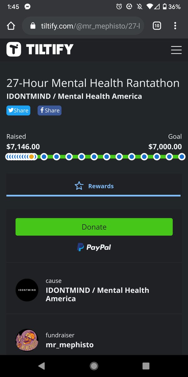 MephistoMori's tweet photo. As of turning the stream off. Clocked in over 28-hours so sorry about that extra hour to tabulate. 

We raised $7146 for Mental Health America's #IDONTMIND campaign. I couldn't have done it without the best damn community in gaming or my Mortarchs, Chat Gang or The Shadow Council https://t.co/nMtEYIydNJ