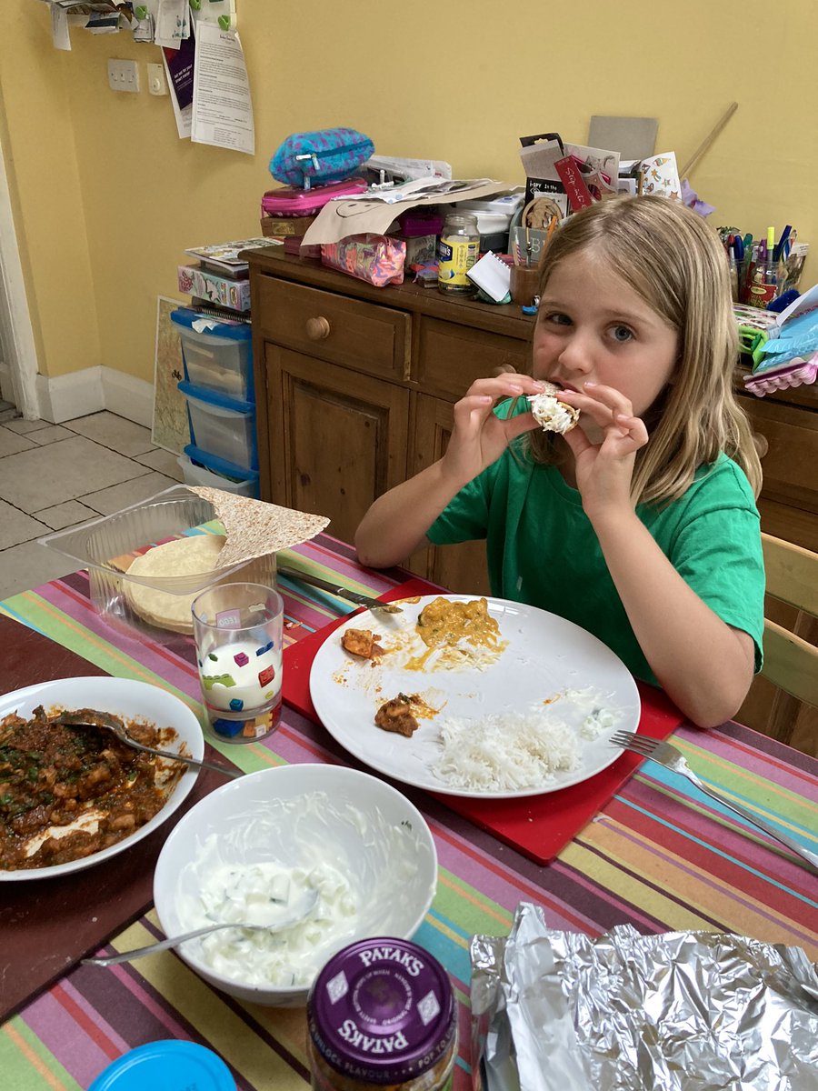 hambatroyd's tweet photo. .@nomadicrevery Project Spice - junior edition. The second @Als_Kitchen_ feast we’ve tried; Phoebe (aged 8) loving the prawn madras. Note the handy glass of milk just in case... https://t.co/xBdqJIJ1oj