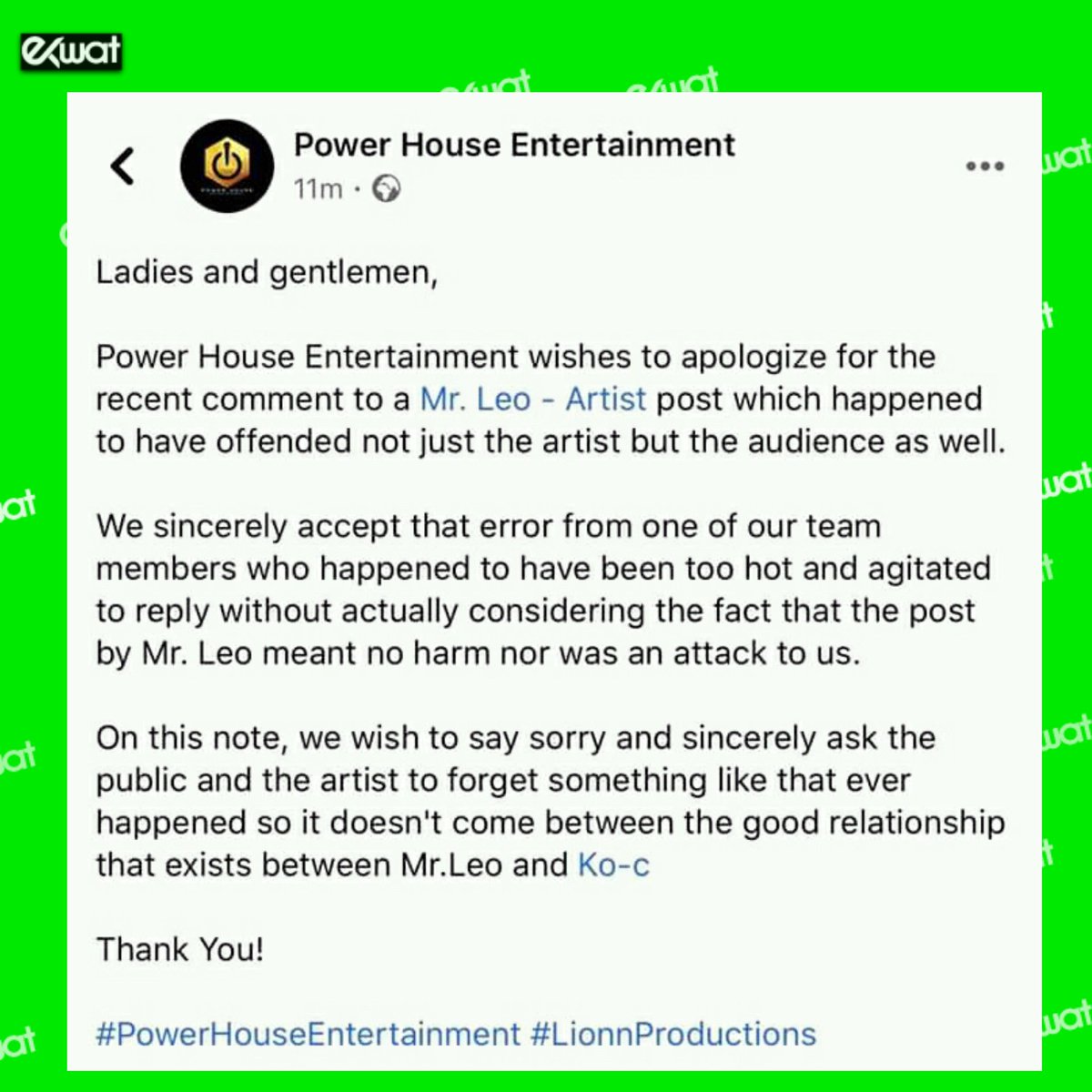 EkwatTV's tweet photo. Ko-c's Label, Power House Entertainment has apologise for calling out Mr Leo this afternoon over the use of the word "Power House".

#cameroon #music #powerhouseentertainment #rapper #lionnprod https://t.co/OoAAmvQp4W
