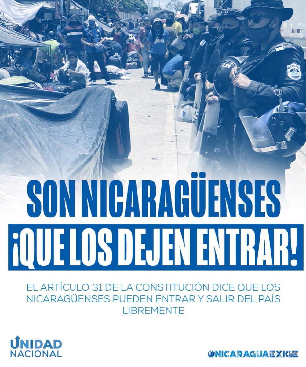 ChulitoNica's tweet photo. Es derecho ciudadano el entrar y salir del país libremente, según la Constitución Política de Nicaragua. El régimen está violentando incluso el derecho a la salud y la vida. 
Vos también podés hacer presión denunciando en tus redes sociales esta crisis migratoria. 
#SOSNicaragua https://t.co/hlOersXSRe