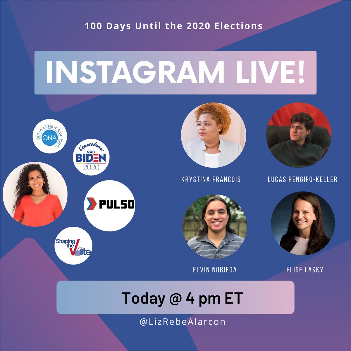 LizRebeAlarcon's tweet photo. 1️⃣0️⃣0️⃣ days to GOTV for the most important election of our lives.
To mark this day join me on IG live (@lizrebealarcon) w/ four orgs #doingthework
✊🏾 @projectpulso
🗽 @ONA_Miami
🇻🇪 @vzlanosconbiden
🗳 #ShapingtheVote
Chat 🔜‼️
#NaturalizeMiamiNow #VenezolanosConBiden https://t.co/XH207DBirK
