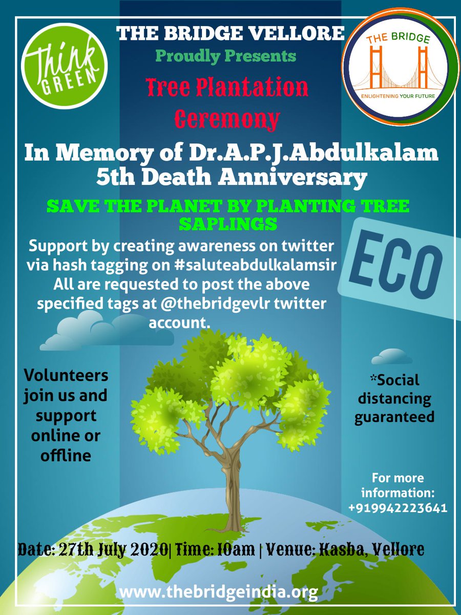 mathivananvlr's tweet photo. THE BRIDGE VELLORE  
Presents
Tree Plantation Ceremony In Memory of Dr.A.P.J.Abdulkalam 5th Death Anniversary.
Support  by creating awareness on twitter via hash tagging on #saluteabdulkalamsir 

All are requested to post the above specified tags at @thebridgevlr twitter account https://t.co/mevnLZimxl
