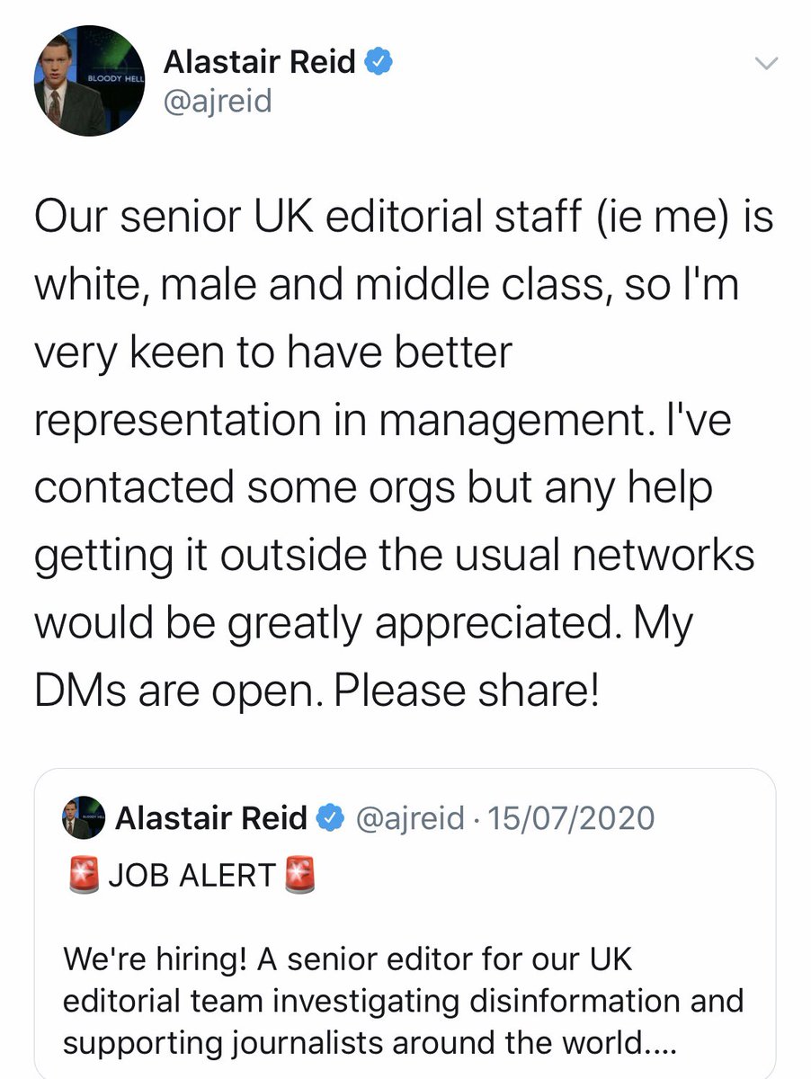 . @firstdraftnews is looking for a senior editor. The salary is upto £50k and  @ajreid says he’s keen to boost ethnic representation in management. His DMs are open. More details here:  https://firstdraftnews.org/senior-editor-first-draft/