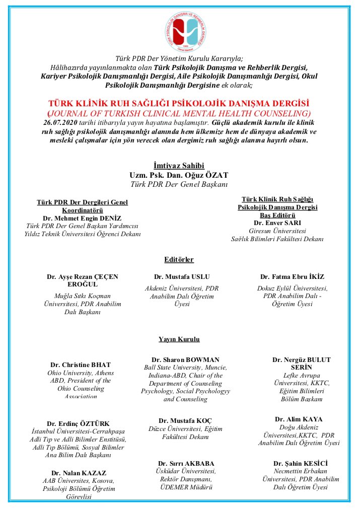 turkpdrdernegi's tweet photo. TÜRK KLİNİK RUH SAĞLIĞI PSİKOLOJİK DANIŞMA DERGİSİ (JOURNAL OF TURKISH CLINICAL MENTAL HEALTH COUNSELING)
26.07.2020 tarihi itibarıyla yayın hayatına başlamıştır.++ https://t.co/XPJ1q86i2B