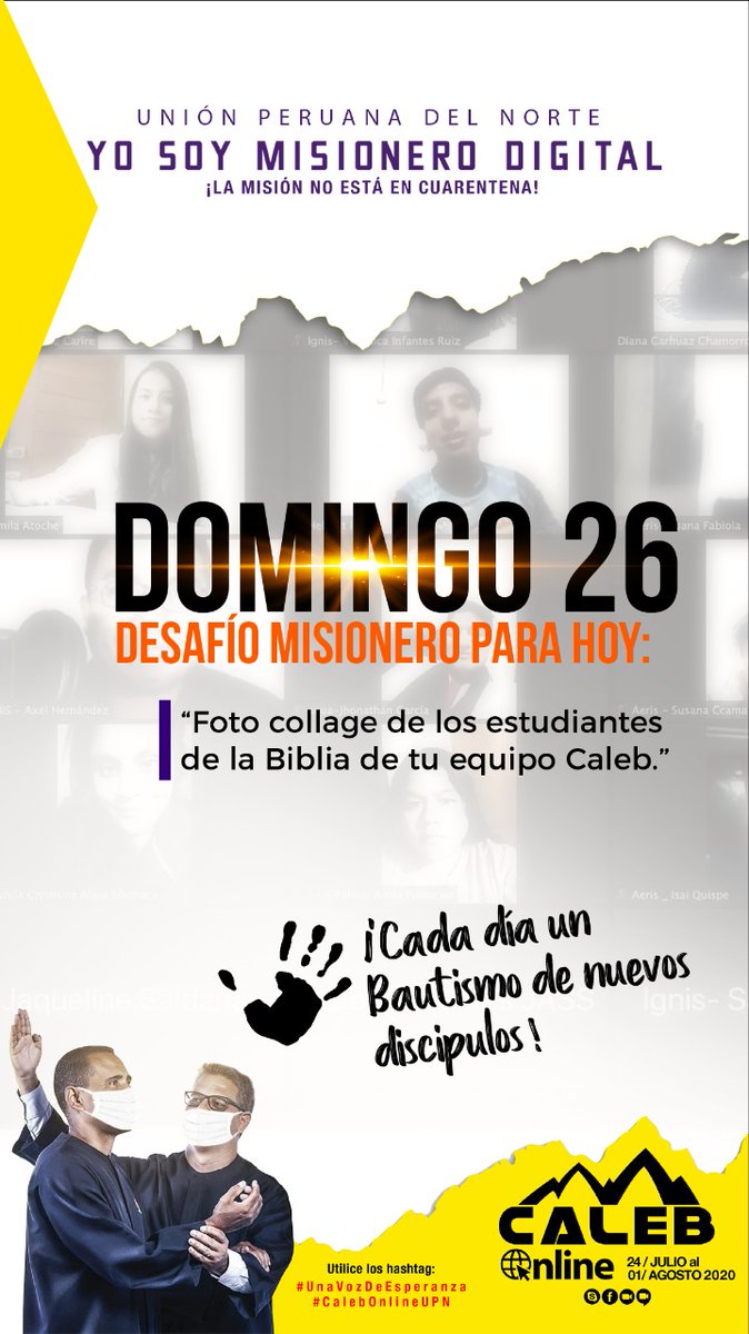 nogueva42's tweet photo. 🚨 El desafío de hoy 👉🏻 _*Foto collage de los estudiantes de la Biblia de tu equipo Caleb*_ 😀📸 Publica tus fotos con los Hashtags 📌 *#CalebOnlineUPN* y 📌 *#UnaVozDeEsperanza* 📲 Las mejores aparecerán en el #NotiCaleb! 📸🎥 https://t.co/Ucu8TbC2M5