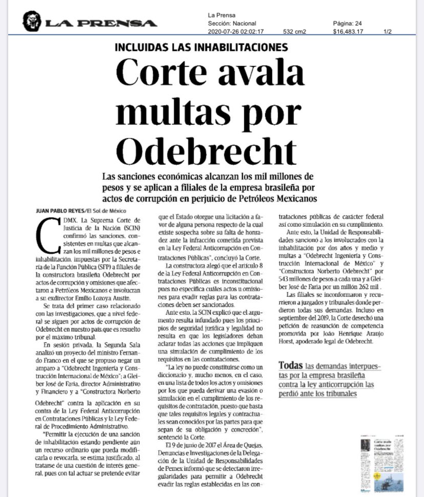 La Corte refrenda que las cuantiosas sanciones económicas que impusimos a #Odebrecht son Constitucionales y se mantienen firmes. Esto explica en mucho el ataque de los golpeadores profesionales a mi equipo, a mi familia y a mi persona. En la @SFP_mx #AvanzaLaCuartaTransformacion.