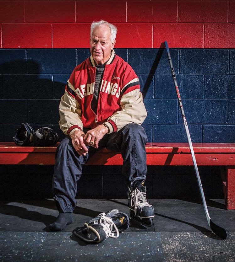 This photo is even more impressive when you realize Gordie Howe scored 35 goals the year it was taken.