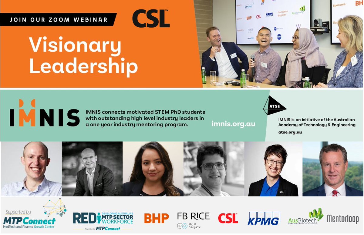 Join @ATSE_au's CEO, exceptional #IMNIS speakers and the IMNIS team on Thurs at 8am ACST (8:30am AEST) for our Visionary Leadership #IMNIS2020 SA launch! Keynote by Dr Lachlan Blackhall FTSE. Thanks to our launch sponsor @CSL. Register early: zoom.us/webinar/regist… #leadership